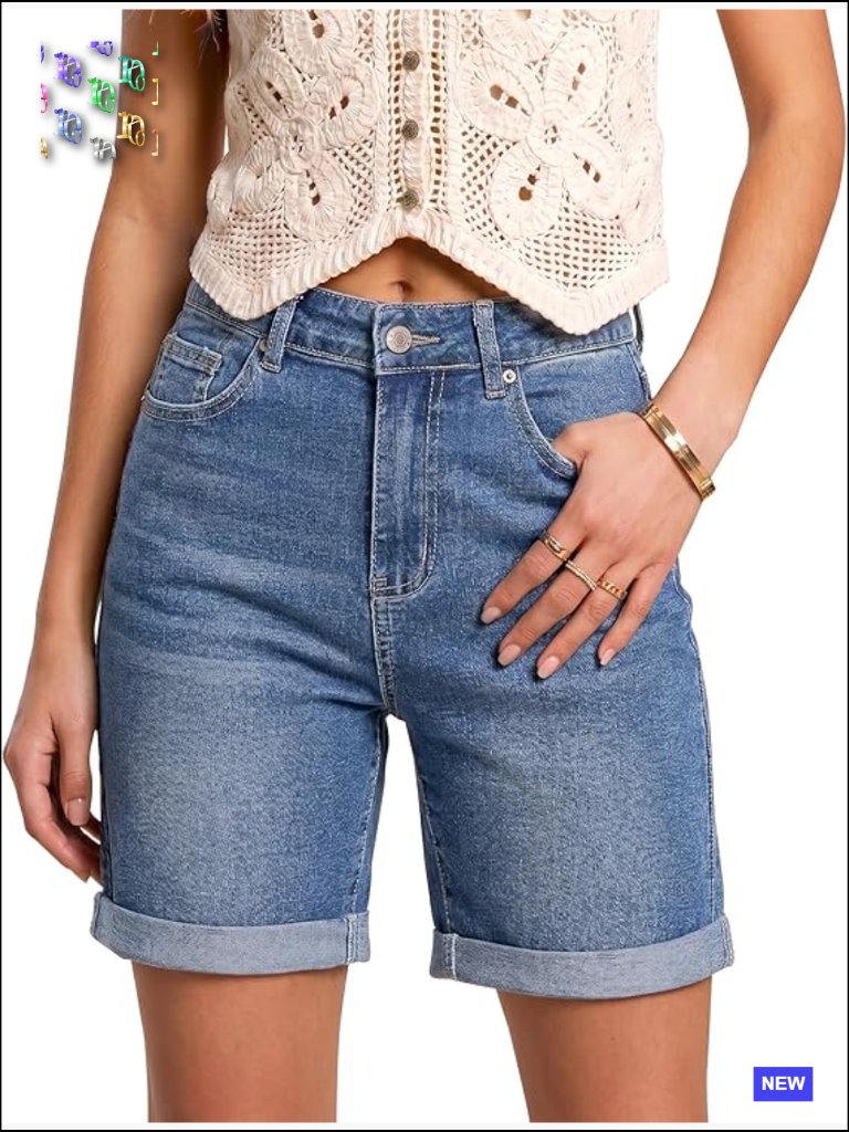 Denim Cutoff Shorts High Waisted 7 Inch Inseam Fold Hem Stretchy Casual Summer
